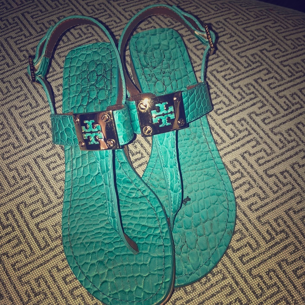 Tory Burch turquoise crocodile leather sandals